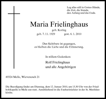 Traueranzeige von Maria Frielinghaus von Neue Osnabrücker Zeitung GmbH & Co. KG