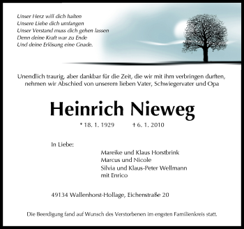 Traueranzeige von Heinrich Nieweg von Neue Osnabrücker Zeitung GmbH & Co. KG