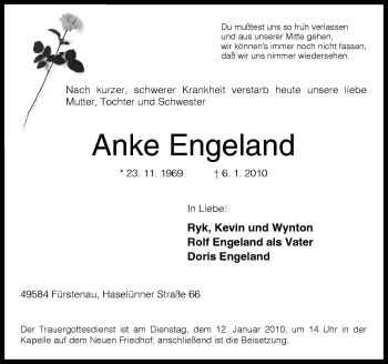 Traueranzeige von Anke Engeland von Neue Osnabrücker Zeitung GmbH & Co. KG