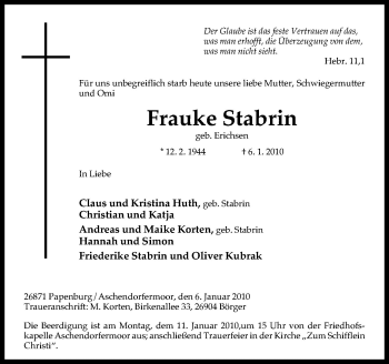 Traueranzeige von Frauke Stabrin von Neue Osnabrücker Zeitung GmbH & Co. KG