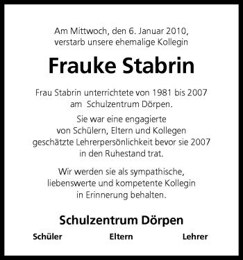 Traueranzeige von Frauke Stabrin von Neue Osnabrücker Zeitung GmbH & Co. KG