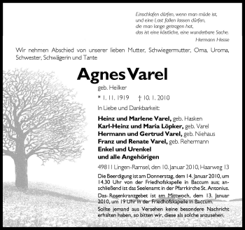 Traueranzeige von Agnes Varel von Neue Osnabrücker Zeitung GmbH & Co. KG