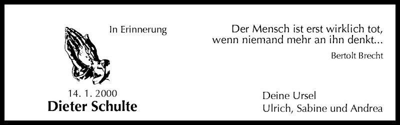  Traueranzeige für Dieter Schulte vom 14.01.2010 aus Neue Osnabrücker Zeitung GmbH & Co. KG