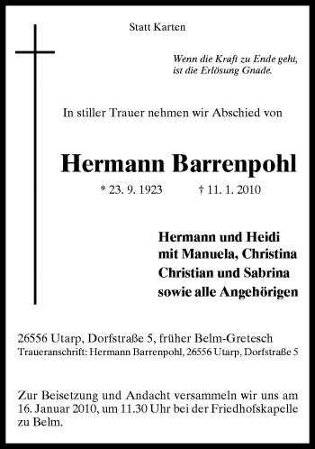 Traueranzeige von Hermann Barrenpohl von Neue Osnabrücker Zeitung GmbH & Co. KG