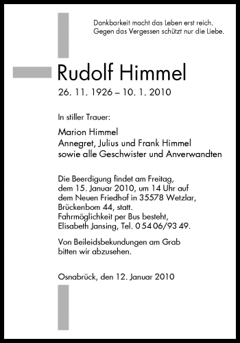 Traueranzeige von Rudolf Himmel von Neue Osnabrücker Zeitung GmbH & Co. KG