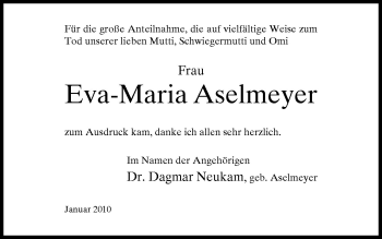 Traueranzeige von Eva-Maria Aselmeyer von Neue Osnabrücker Zeitung GmbH & Co. KG