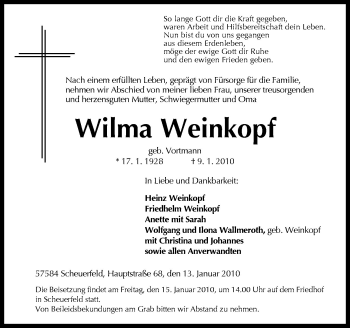 Traueranzeige von Wilma Weinkopf von Neue Osnabrücker Zeitung GmbH & Co. KG