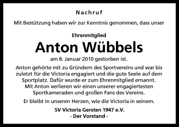Traueranzeige von Anton Wübbels von Neue Osnabrücker Zeitung GmbH & Co. KG