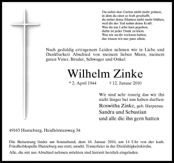 Traueranzeige von Wilhelm Zinke von Neue Osnabrücker Zeitung GmbH & Co. KG