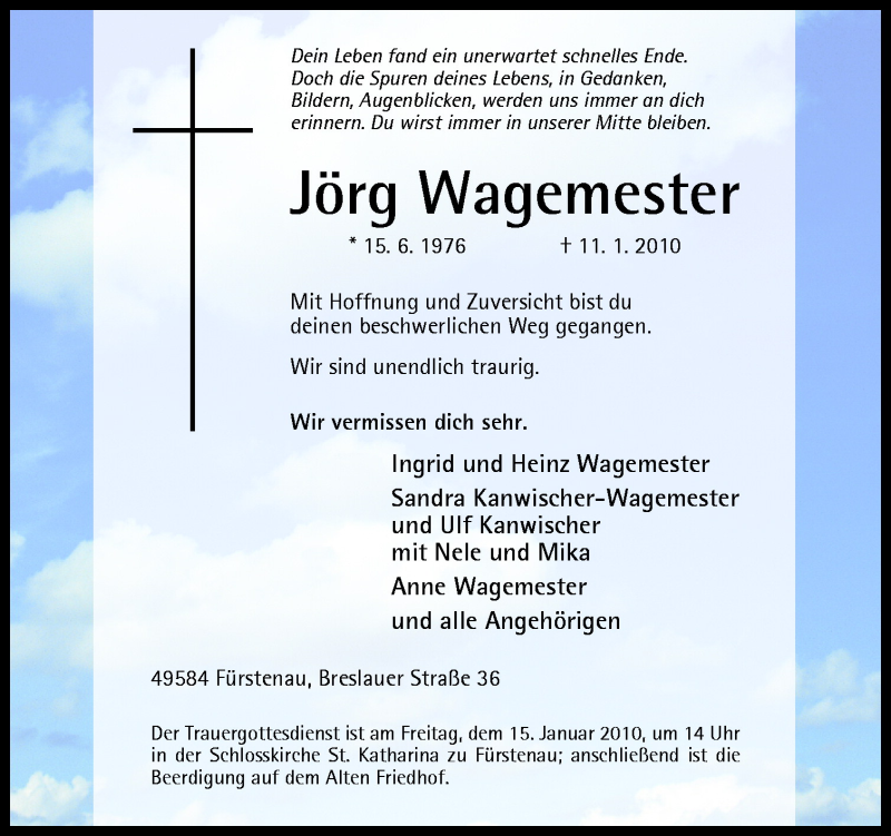  Traueranzeige für Jörg Wagemester vom 13.01.2010 aus Neue Osnabrücker Zeitung GmbH & Co. KG