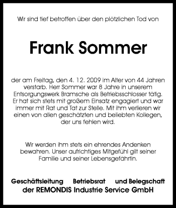 Traueranzeige von Frank Sommer von Neue Osnabrücker Zeitung GmbH & Co. KG