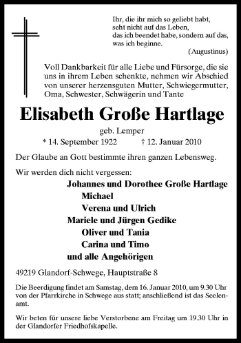 Traueranzeige von Elisabeth Große Hartlage von Neue Osnabrücker Zeitung GmbH & Co. KG