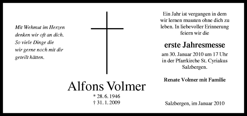  Traueranzeige für Alfons Volmer vom 26.01.2010 aus Neue Osnabrücker Zeitung GmbH & Co. KG