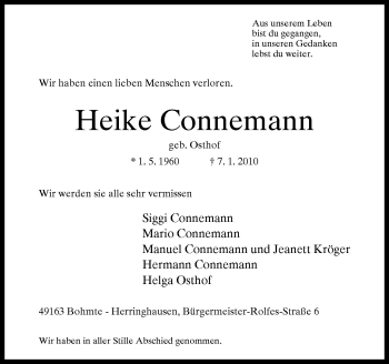 Traueranzeige von Connemann Heike von Neue Osnabrücker Zeitung GmbH & Co. KG