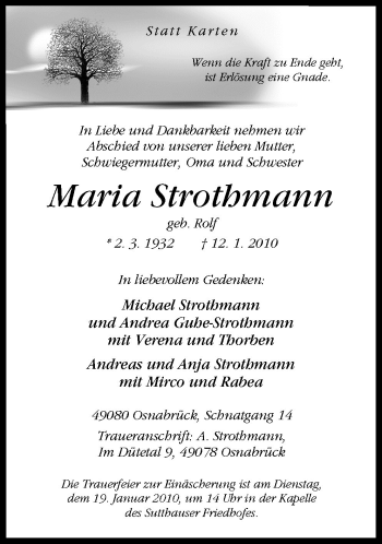 Traueranzeige von Maria Strothmann von Neue Osnabrücker Zeitung GmbH & Co. KG