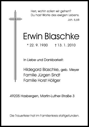 Traueranzeige von Erwin Blaschke von Neue Osnabrücker Zeitung GmbH & Co. KG
