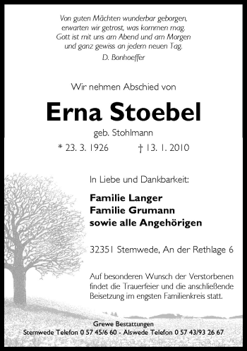 Traueranzeige von Erna Stoebel von Neue Osnabrücker Zeitung GmbH & Co. KG