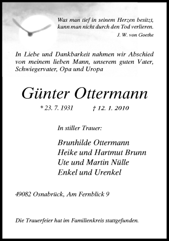 Traueranzeige von Günter Ottermann von Neue Osnabrücker Zeitung GmbH & Co. KG