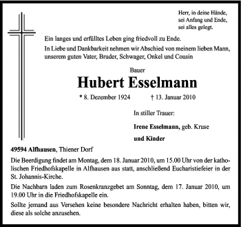 Traueranzeige von Hubert Esselmann von Neue Osnabrücker Zeitung GmbH & Co. KG