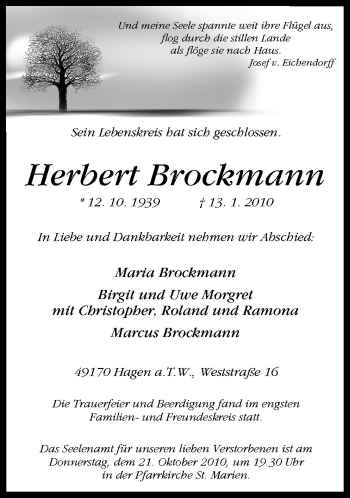 Traueranzeige von Herbert Brockmann von Neue Osnabrücker Zeitung GmbH & Co. KG