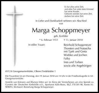 Traueranzeige von Marga Schoppmeyer von Neue Osnabrücker Zeitung GmbH & Co. KG