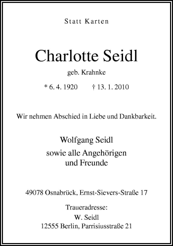 Traueranzeige von Charlotte Seidl von Neue Osnabrücker Zeitung GmbH & Co. KG