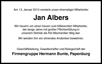 Traueranzeige von Jan Albers von Neue Osnabrücker Zeitung GmbH & Co. KG