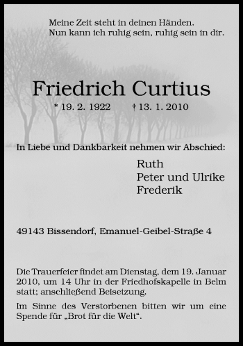 Traueranzeige von Friedrich Curtius von Neue Osnabrücker Zeitung GmbH & Co. KG