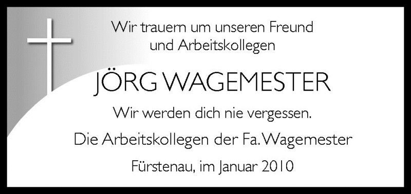  Traueranzeige für Jörg Wagemester vom 18.01.2010 aus Neue Osnabrücker Zeitung GmbH & Co. KG