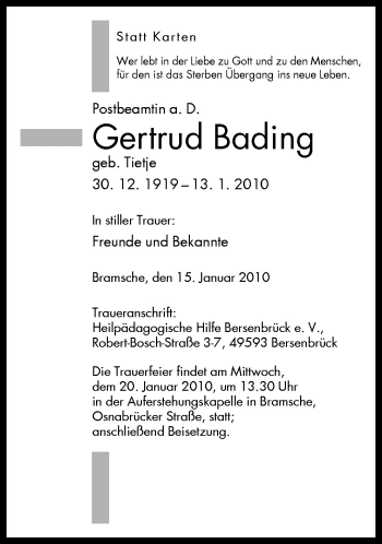 Traueranzeige von Gertrud Bading von Neue Osnabrücker Zeitung GmbH & Co. KG