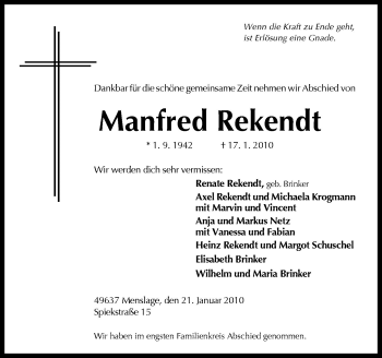 Traueranzeige von Manfred Rekendt von Neue Osnabrücker Zeitung GmbH & Co. KG