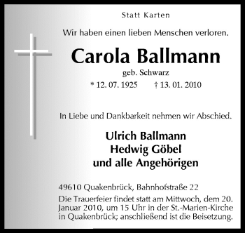 Traueranzeige von Carola Ballmann von Neue Osnabrücker Zeitung GmbH & Co. KG