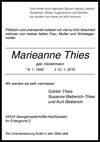 Traueranzeige von Marieanne Thies von Neue Osnabrücker Zeitung GmbH & Co. KG