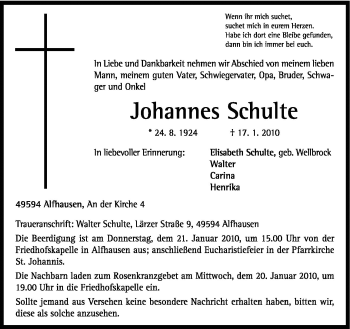 Traueranzeige von Hans Schulte von Neue Osnabrücker Zeitung GmbH & Co. KG