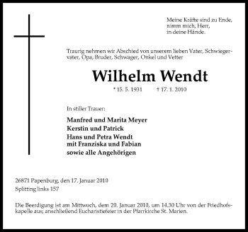 Traueranzeige von Wilhelm Wendt von Neue Osnabrücker Zeitung GmbH & Co. KG