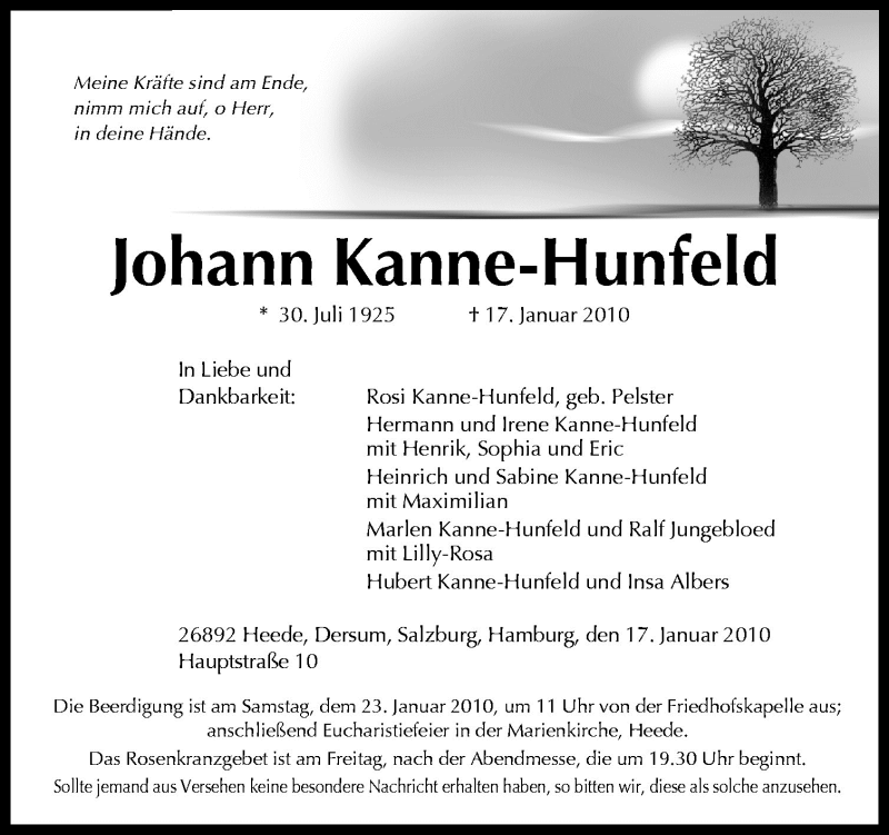  Traueranzeige für Johann Kanne-Hunfeld vom 19.01.2010 aus Neue Osnabrücker Zeitung GmbH & Co. KG