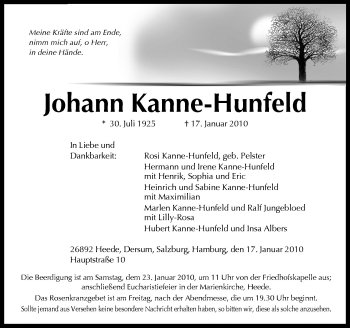 Traueranzeige von Johann Kanne-Hunfeld von Neue Osnabrücker Zeitung GmbH & Co. KG