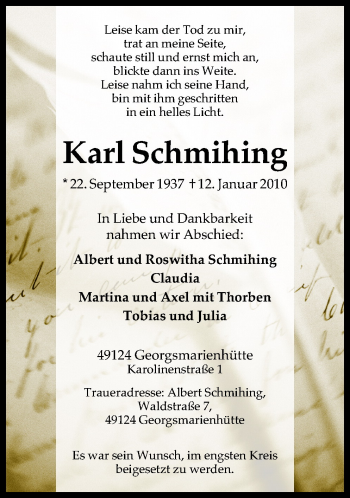 Traueranzeige von Karl Schmihing von Neue Osnabrücker Zeitung GmbH & Co. KG