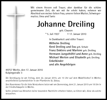 Traueranzeige von Johanne Dreiling von Neue Osnabrücker Zeitung GmbH & Co. KG