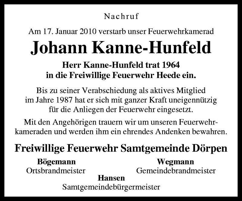  Traueranzeige für Johann Kanne-Hunfeld vom 20.01.2010 aus Neue Osnabrücker Zeitung GmbH & Co. KG