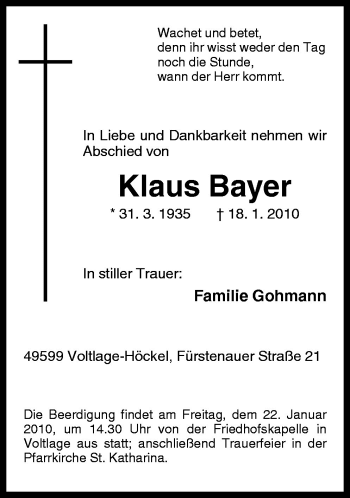 Traueranzeige von Klaus Bayer von Neue Osnabrücker Zeitung GmbH & Co. KG