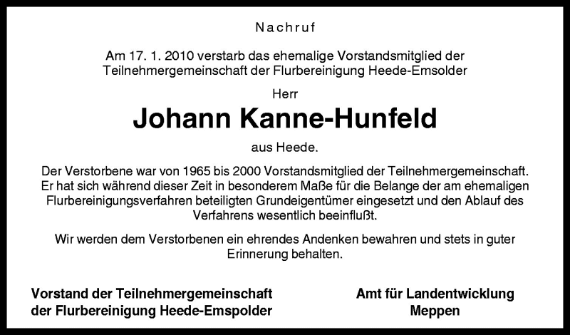  Traueranzeige für Johann Kanne-Hunfeld vom 20.01.2010 aus Neue Osnabrücker Zeitung GmbH & Co. KG