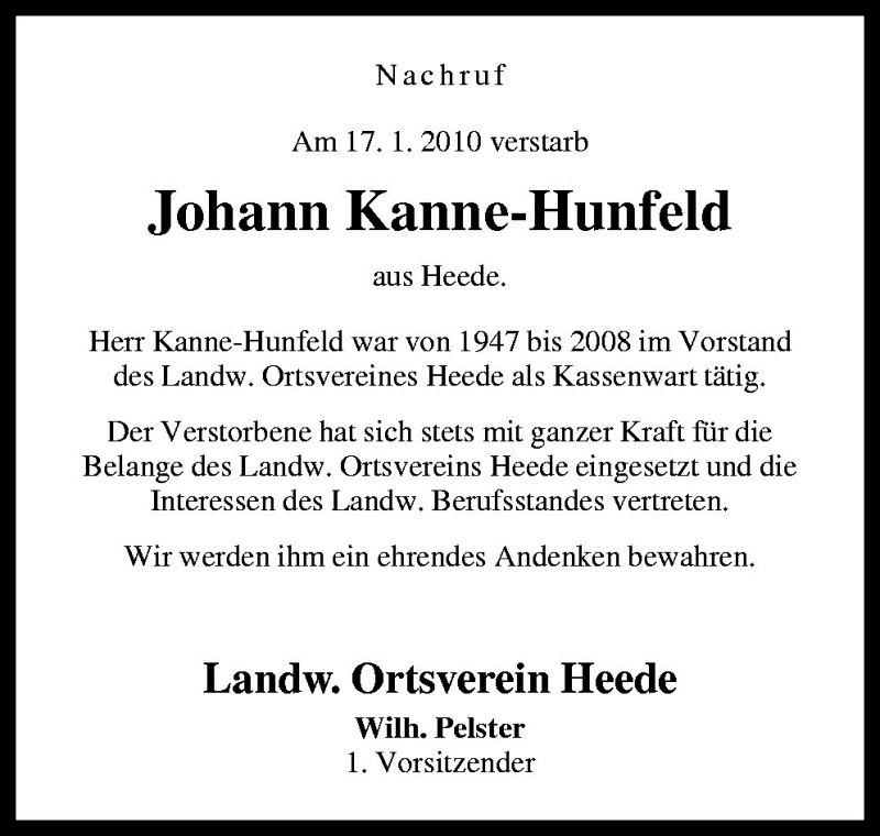  Traueranzeige für Johann Kanne-Hunfeld vom 22.01.2010 aus Neue Osnabrücker Zeitung GmbH & Co. KG