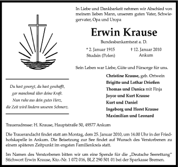Traueranzeige von Erwin Krause von Neue Osnabrücker Zeitung GmbH & Co. KG