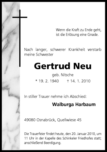 Traueranzeige von Gertrud Neu von Neue Osnabrücker Zeitung GmbH & Co. KG