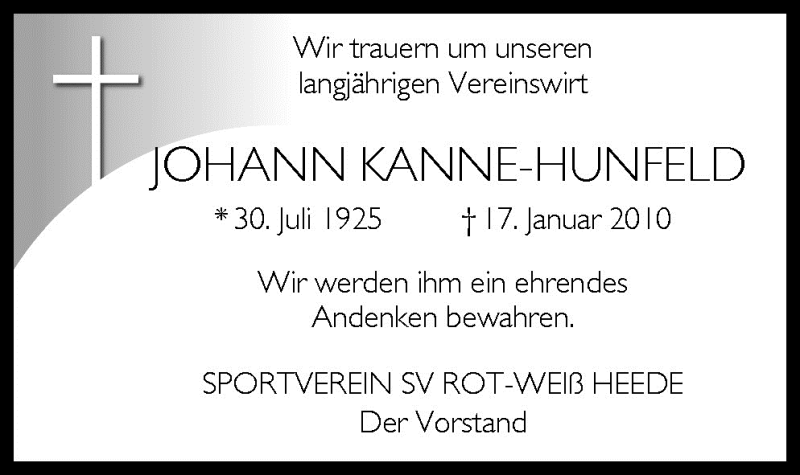  Traueranzeige für Johann Kanne-Hunfeld vom 21.01.2010 aus Neue Osnabrücker Zeitung GmbH & Co. KG