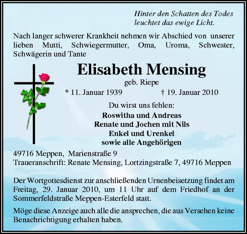  Traueranzeige für Elisabeth Mensing vom 23.01.2010 aus Neue Osnabrücker Zeitung GmbH & Co. KG