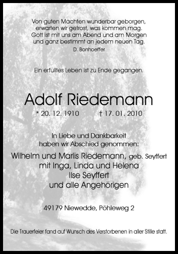 Traueranzeige von Adolf Riedemann von Neue Osnabrücker Zeitung GmbH & Co. KG