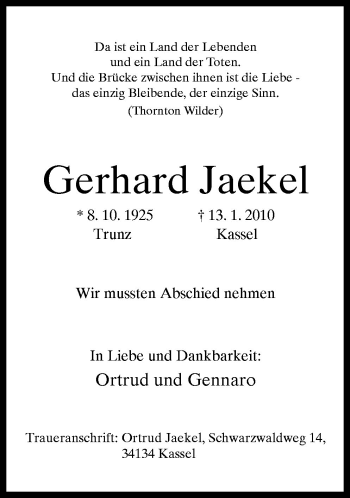 Traueranzeige von Gerhard Jaekel von Neue Osnabrücker Zeitung GmbH & Co. KG