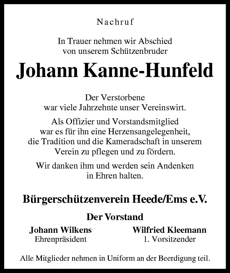  Traueranzeige für Johann Kanne-Hunfeld vom 21.01.2010 aus Neue Osnabrücker Zeitung GmbH & Co. KG